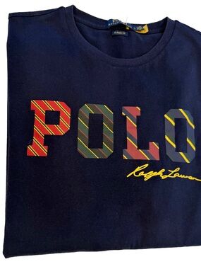 Polo Ralph Lauren Men’s Navy Tee W/ Tie Variation Logo, Pony Logo Size L EUC
